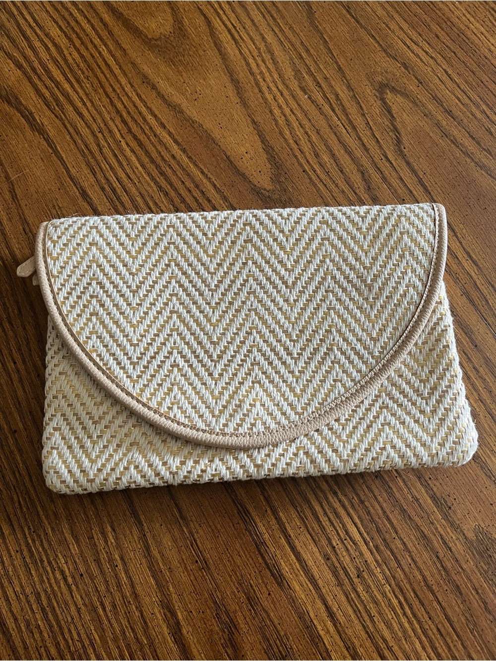 Woven Chevron Fold-Over Clutch - Cream & Tan and gold new
